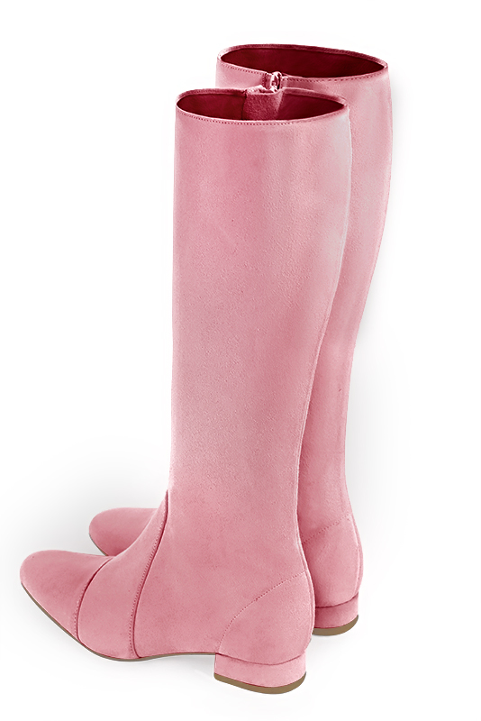 Carnation pink women's feminine knee-high boots. Round toe. Flat block heels. Made to measure. Rear view - Florence KOOIJMAN